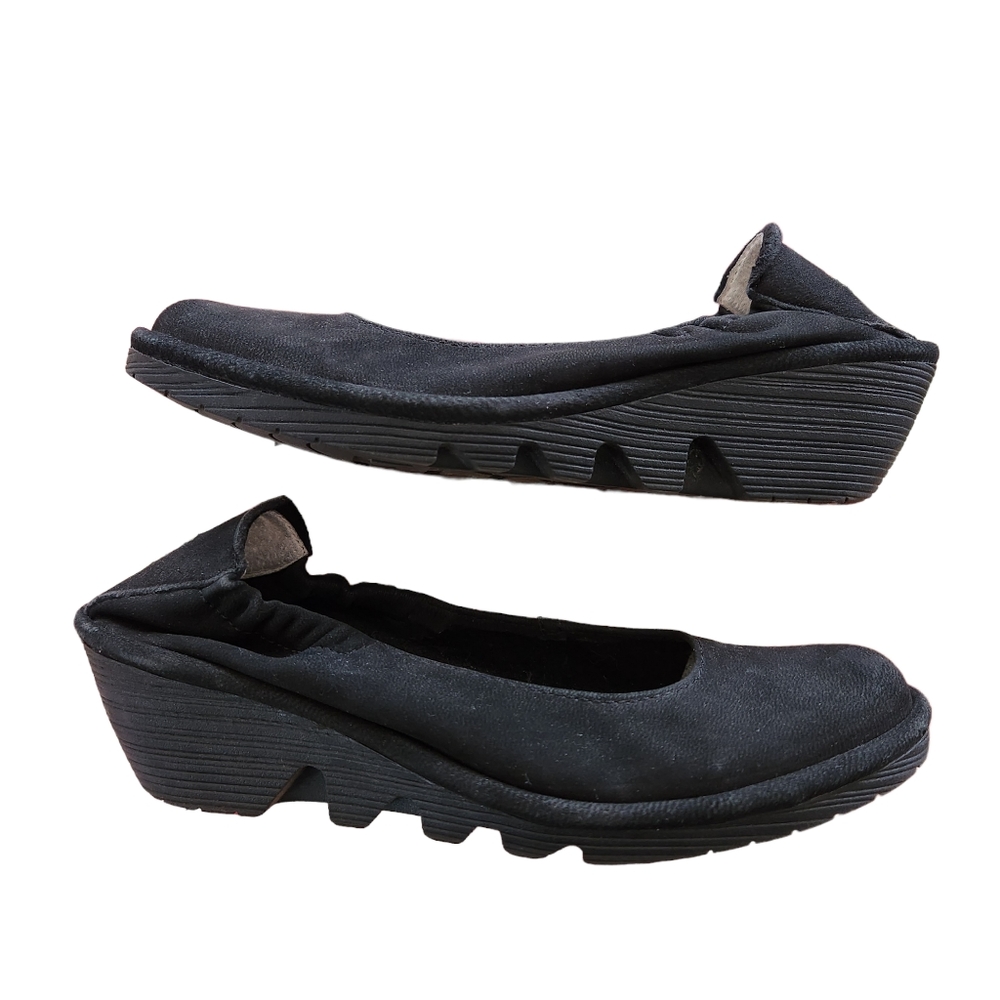 Fly London Yoni Black Suede Wedges Ballet Flats Leather Heels